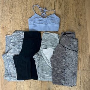 4 Lulu lemon leggings. One light blue alo sports bra.